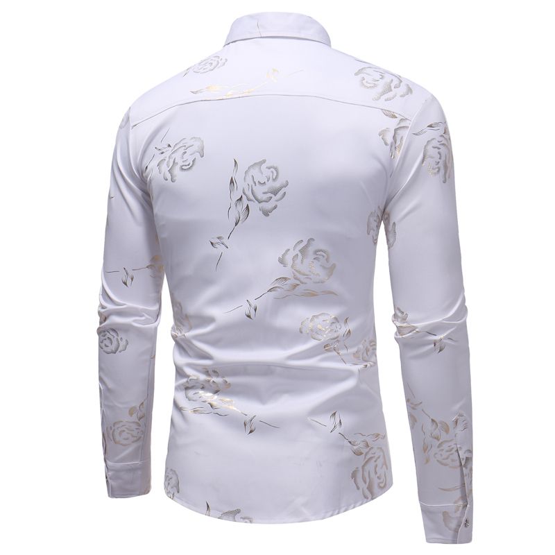 Men's Floral Shirts Gold Rose Printed Slim Fit Long Sleeve Dress Button Down Shirts