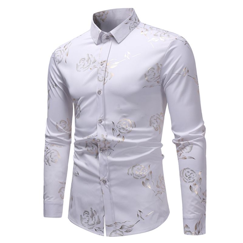 Men's Floral Shirts Gold Rose Printed Slim Fit Long Sleeve Dress Button Down Shirts