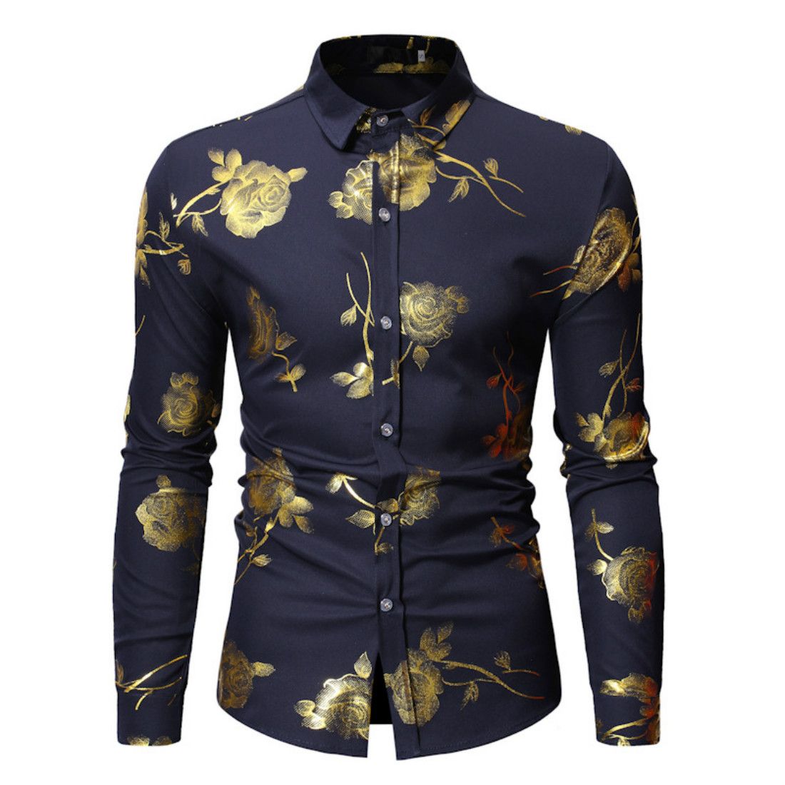 Men's Floral Gold Rose Printed Long Sleeve Dress Shirts