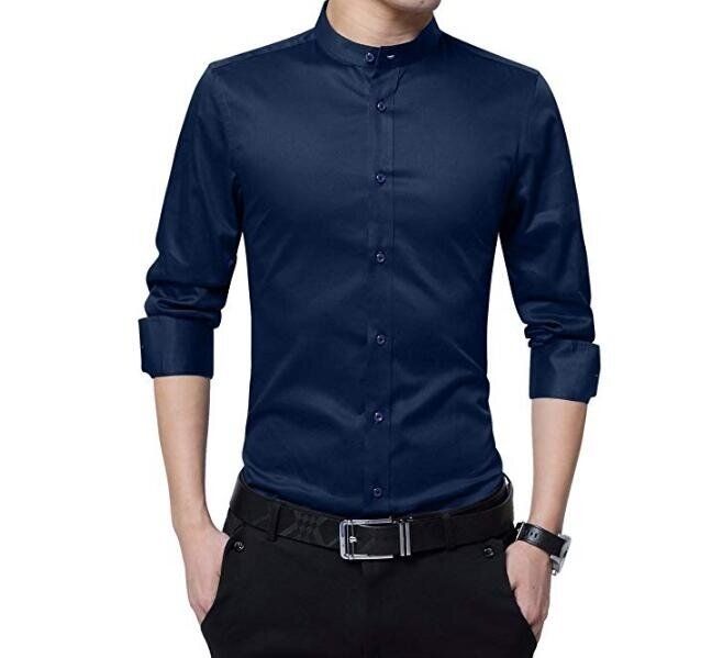 Men's Dress Shirt Banded Collar Long Sleeve Slim Fit Tuxedo Shirt Cotton