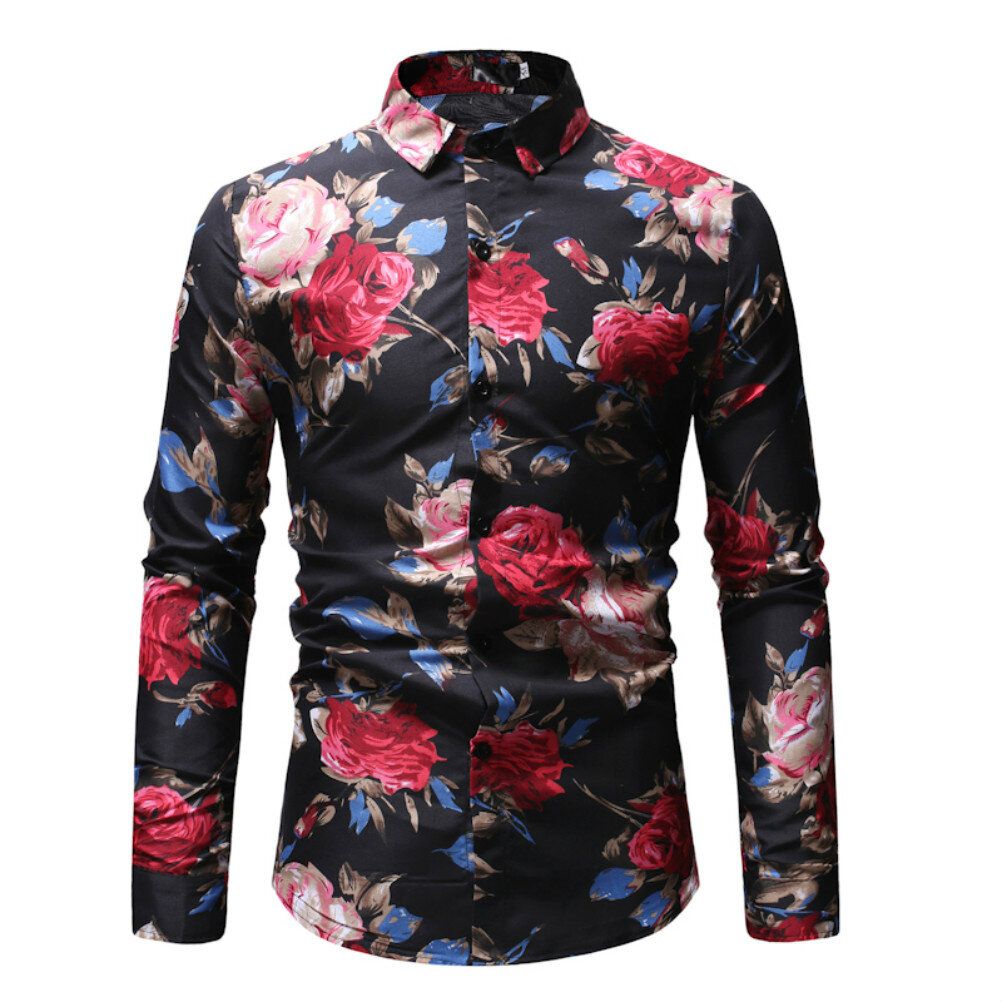 Men's Shirt Stylish Slim Fit Button Down Long Sleeve Floral Shirt Dress Shirts