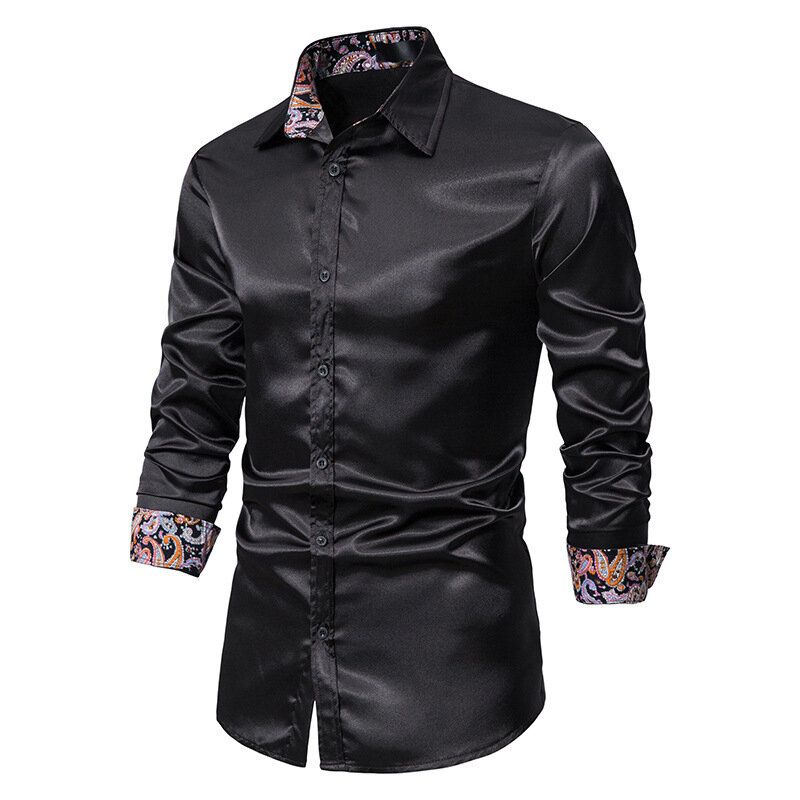 Men's Satin Slim Lapel Casual Long Sleeved Dress Shirt