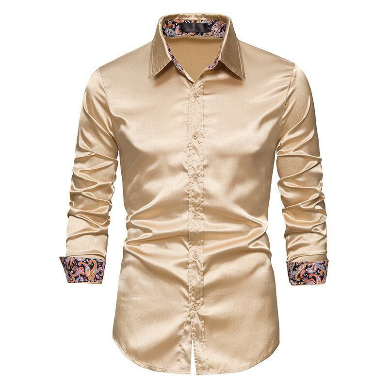 Men's Satin Slim Lapel Casual Long Sleeved Dress Shirt
