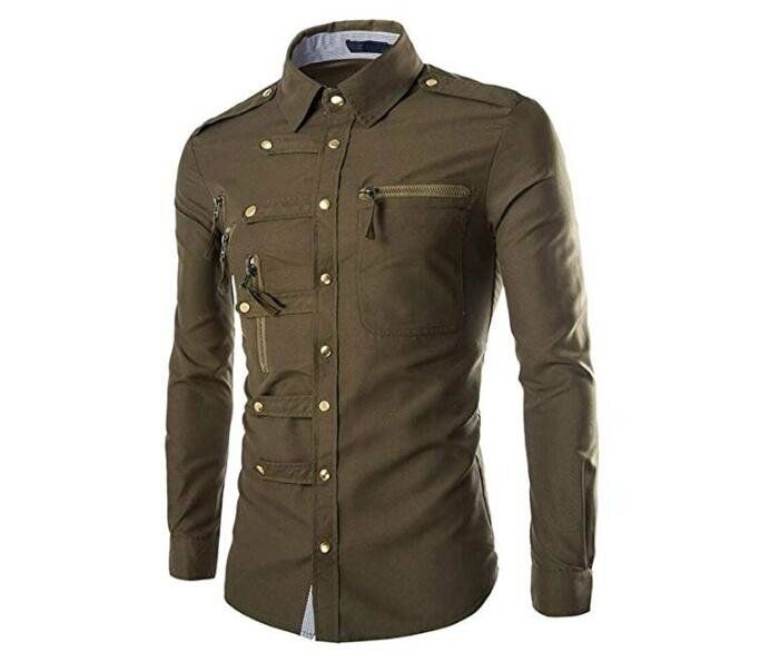 Men's Multi Zipper Pockets Long Sleeve Button Down Slim Fit Dress Shirts