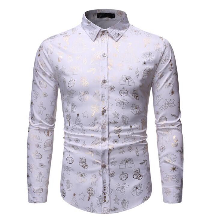Men's Shiny Golden Printed Button Down Party Dress Shirt