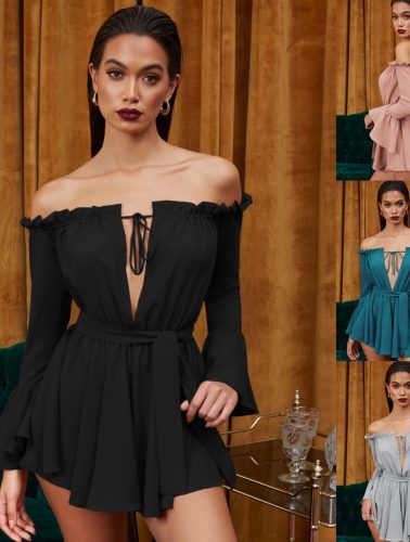 Spring New Women's Word Shoulder Open Back Short Skirt Horn Long Sleeve Dress