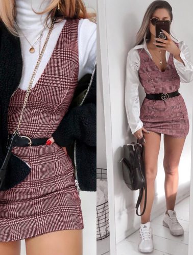 Best Selling New Women's Plaid Print V-neck Sleeveless Women's Dress