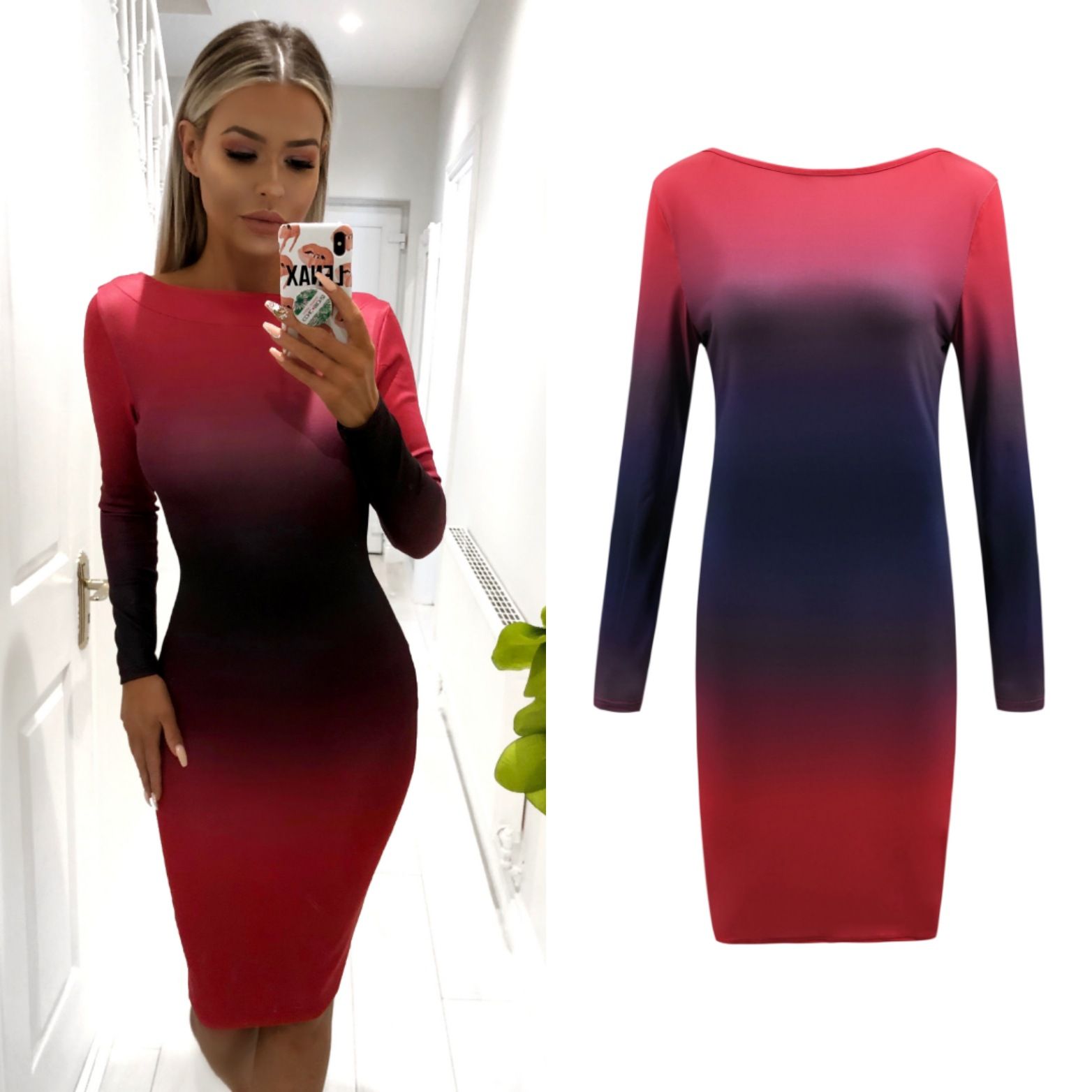 Spring New Women's Versatile Contrast Color Long Skirt Bag Hip Back Dress