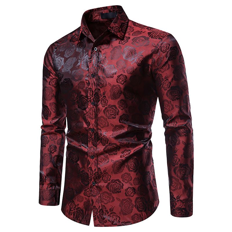 Men's Long Sleeve Dress Shirts Silk Floral Button Up Shirts
