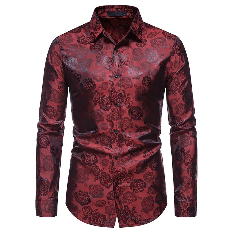 Men's Long Sleeve Dress Shirts Silk Floral Button Up Shirts